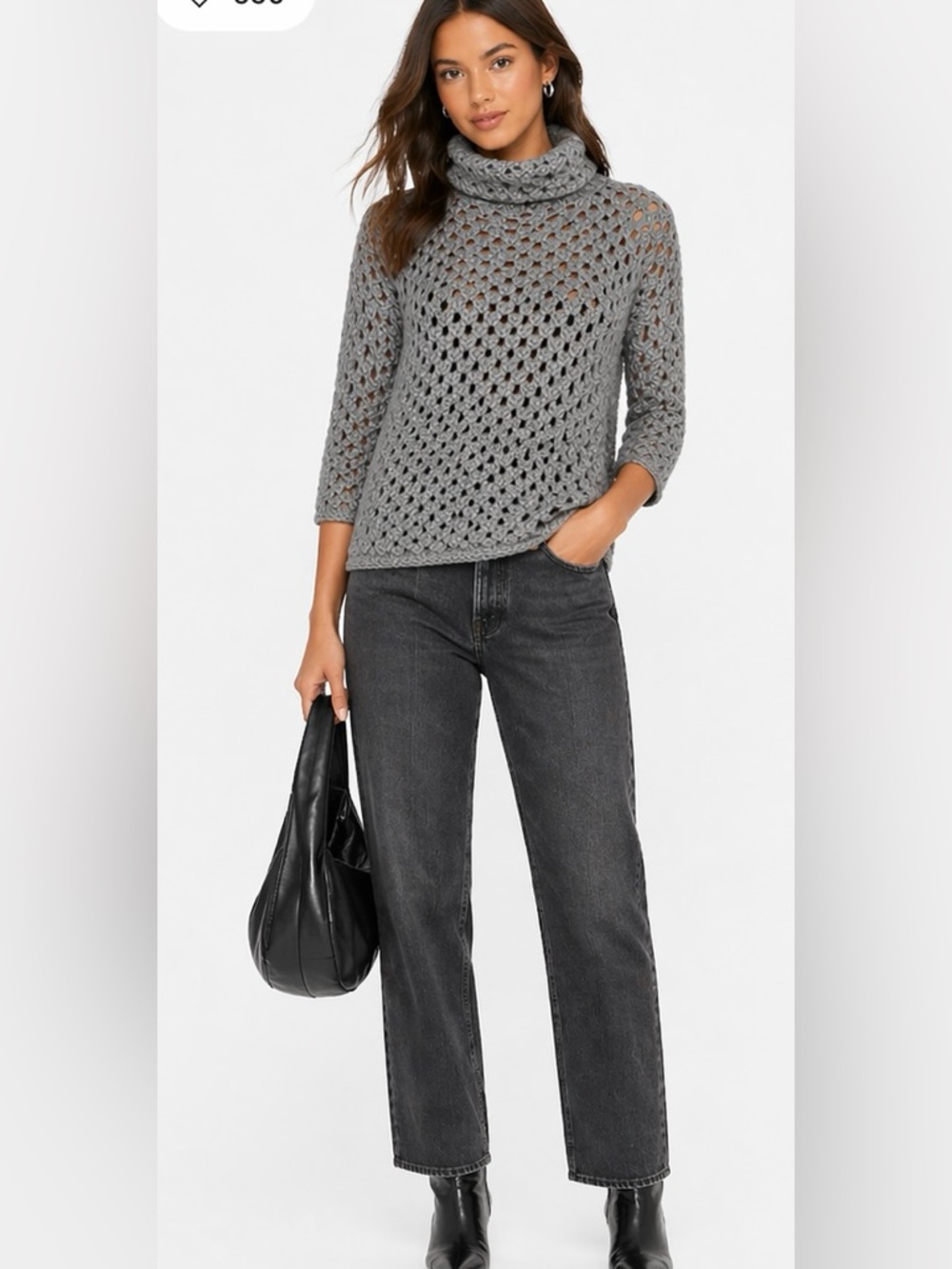 James Perse Grey Open Knit Turtleneck Sweater Alpaca Wool Cropped Chunky